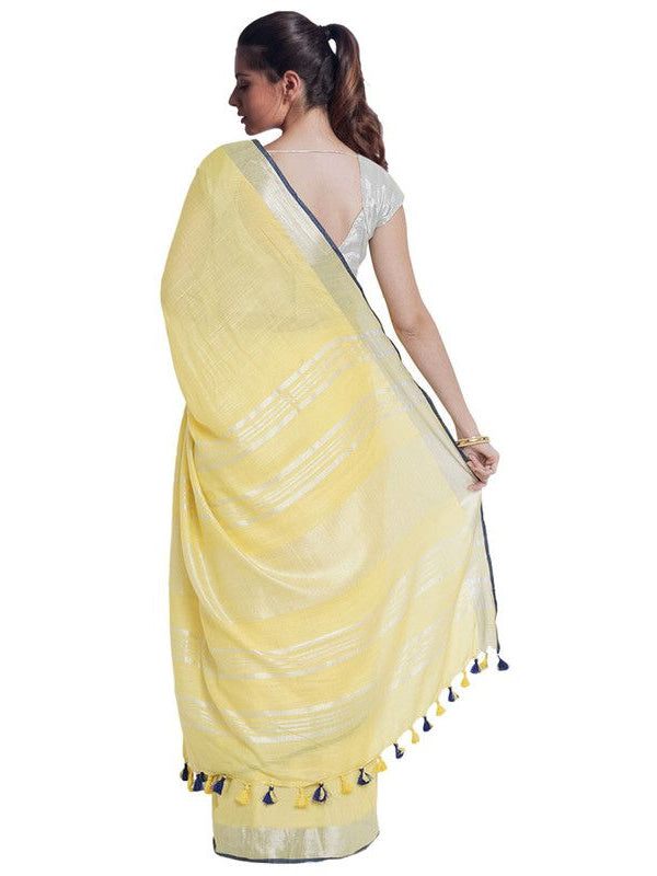 Daisy Yellow women's Bhagalpuri Handloom Cotton Linen Blend Saree With Contrast Unstiched Blouse Piece - View 4