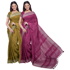 Olive Green & Raspberry Pink women's Bhagalpuri Handloom Cotton-Linen Blend Saree Combo (Pack Of 2) With Running Unstiched Blouse Piece