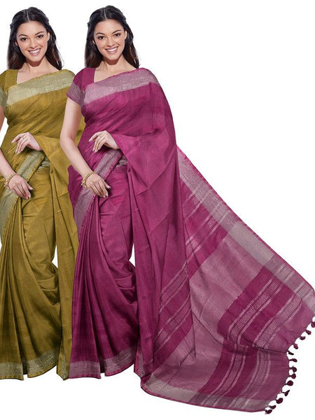 Olive Green & Raspberry Pink women's Bhagalpuri Handloom Cotton-Linen Blend Saree Combo (Pack Of 2) With Running Unstiched Blouse Piece