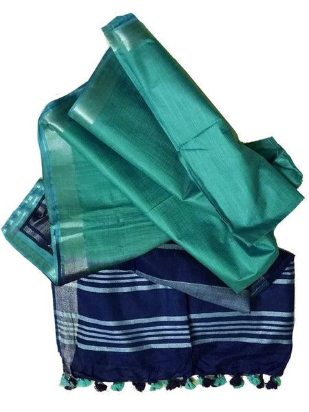 Royal Blue & Turquoise women's Bhagalpuri Ethnic Wear Handloom Cotton Linen Slub Blend Zari Border Two Dye Saree With Running Unstitched Blouse Piece
