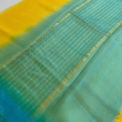 Kota Silk Doriya Organza Net Temple Border Two Dye Saree with Free Blouse Piece(Canary_Yellow & Cyan) - View 3