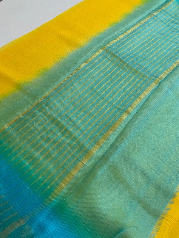 Kota Silk Doriya Organza Net Temple Border Two Dye Saree with Free Blouse Piece(Canary_Yellow & Cyan) - View 3