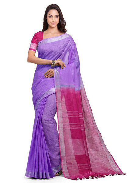 Lilac Purple & Raspberry Pink women's Bhagalpuri Handloom Ethnic Wear Linen Two Dye Saree With Running Unstitched Blouse Piece