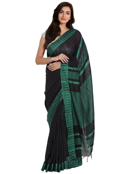 Black-Turquoise women's Bhagalpuri Handloom Katan Viscous Silk Temple Border Saree Ethnic Wear With Running Unstitched Striped Blouse Piece