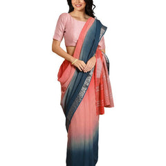Flame Orange & Cerulean Blue women's Bhagalpuri Handloom Linen Slub Blend Two Dye Saree With Running Unstitched Blouse Piece - View 3