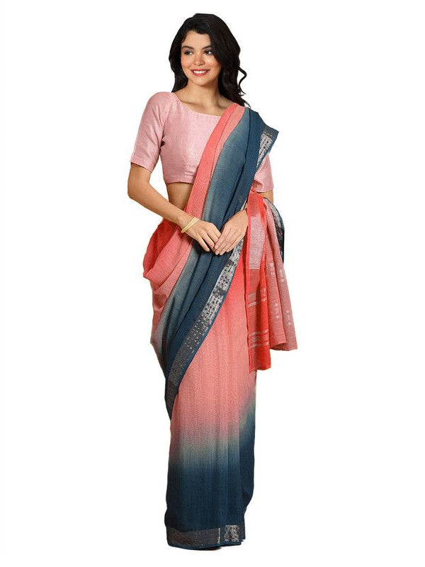 Flame Orange & Cerulean Blue women's Bhagalpuri Handloom Linen Slub Blend Two Dye Saree With Running Unstitched Blouse Piece - View 3