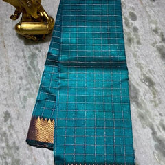 Cotton Silk Handloom Bhgalpuri Check Saree with Gold Zari Border with Blouse Piece for Women (100165 MoonStone_Cyan)