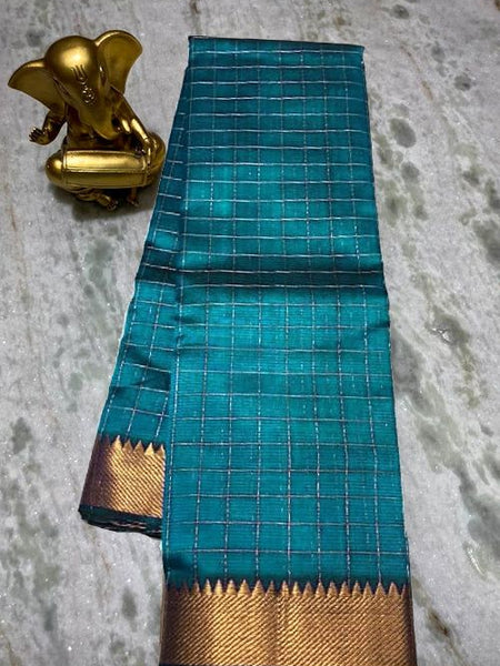 Cotton Silk Handloom Bhgalpuri Check Saree with Gold Zari Border with Blouse Piece for Women (100165 MoonStone_Cyan)