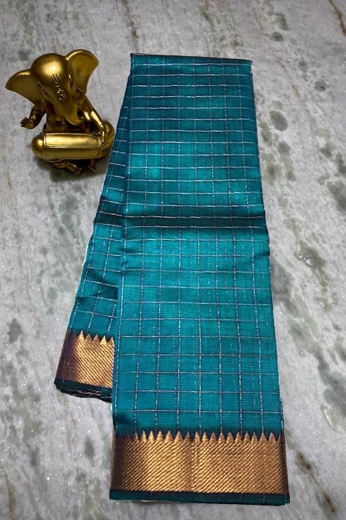 Cotton Silk Handloom Bhgalpuri Check Saree with Gold Zari Border with Blouse Piece for Women (100165 MoonStone_Cyan)