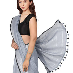 Grey  Bhagalpuri Blend Linen Saree With Black Pipine Contrast Blouse Piece - View 4