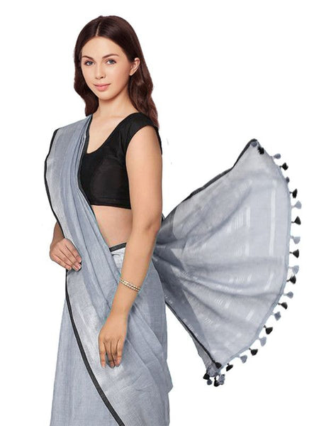 Grey  Bhagalpuri Blend Linen Saree With Black Pipine Contrast Blouse Piece - View 4