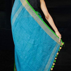 Cyan-Green women's Handloom Bhagalpuri Linen Cotton Blend Saree Ethnic Wear With Contrast Unstitched Blouse Piece - View 3