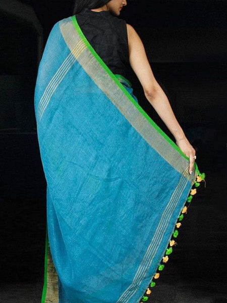 Cyan-Green women's Handloom Bhagalpuri Linen Cotton Blend Saree Ethnic Wear With Contrast Unstitched Blouse Piece - View 3