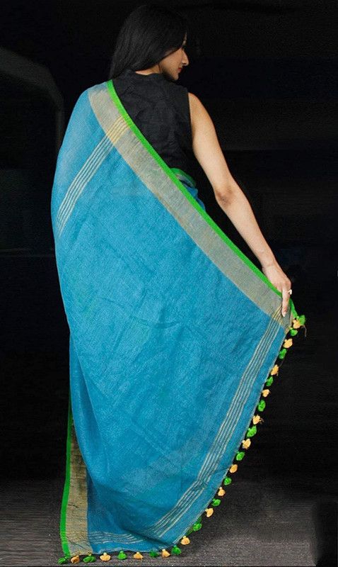 Cyan-Green women's Handloom Bhagalpuri Linen Cotton Blend Saree Ethnic Wear With Contrast Unstitched Blouse Piece - View 3