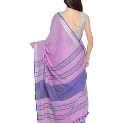 Lavender Pink-Blue women's Bhagalpuri Handloom Cotton Linen Blend Contrast Pallu Saree And Unstitched Contrast Blouse Piece - View 3