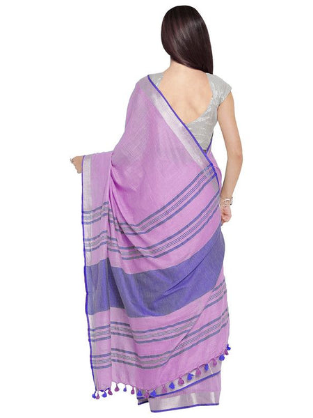 Lavender Pink-Blue women's Bhagalpuri Handloom Cotton Linen Blend Contrast Pallu Saree And Unstitched Contrast Blouse Piece - View 3