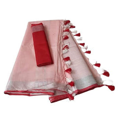 Handloom Bhagalpuri Linen Cotton Blend Contrast Border Saree for Women (12620 Enrue_Pink-Red)