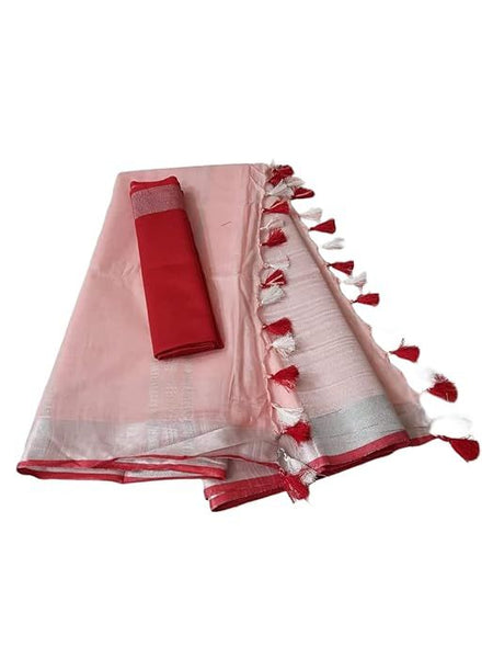 Handloom Bhagalpuri Linen Cotton Blend Contrast Border Saree for Women (12620 Enrue_Pink-Red)
