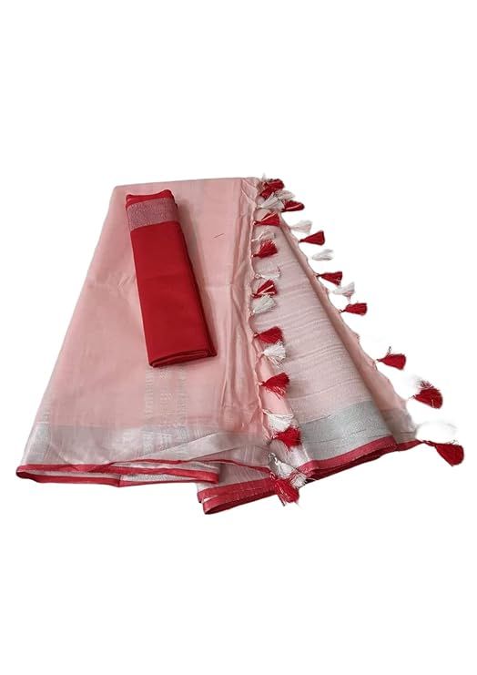 Handloom Bhagalpuri Linen Cotton Blend Contrast Border Saree for Women (12620 Enrue_Pink-Red)