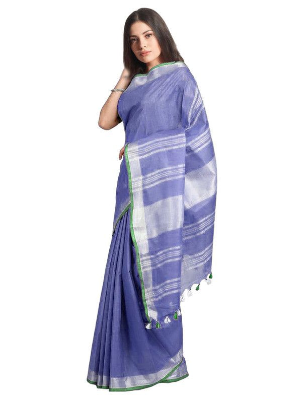 Medium Slate Purple women's Handloom Bhagalpuri Linen-Cotton Saree With Contrast Blouse Piece - View 4