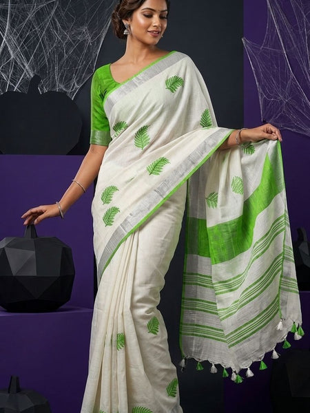 Handwoven Bhagalpuri Linen Blend Embroidered Saree With Contrast Blouse Piece(White_Parrot Green)