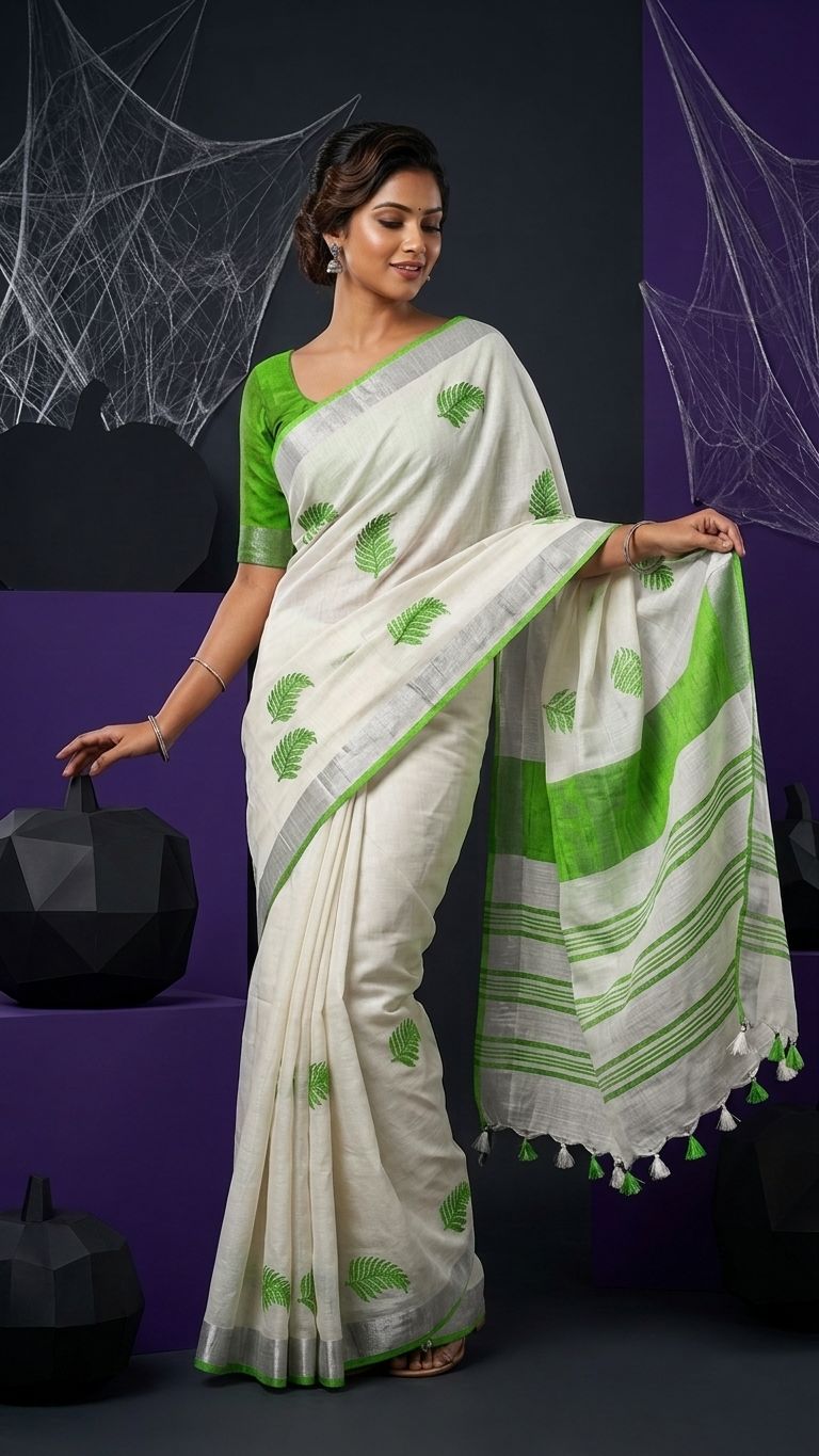 Handwoven Bhagalpuri Linen Blend Embroidered Saree With Contrast Blouse Piece(White_Parrot Green)