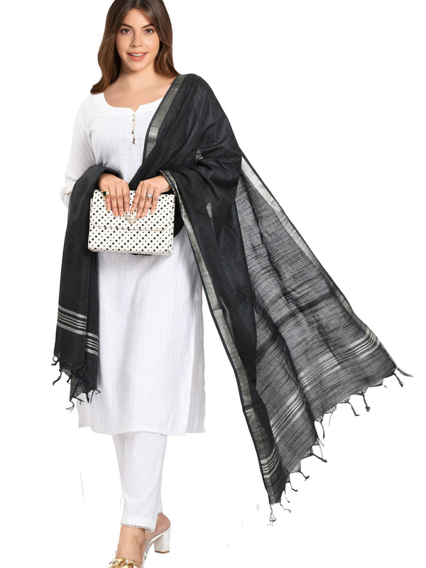 Linen Handloom Bhagalpuri Black Dupatta - View 4