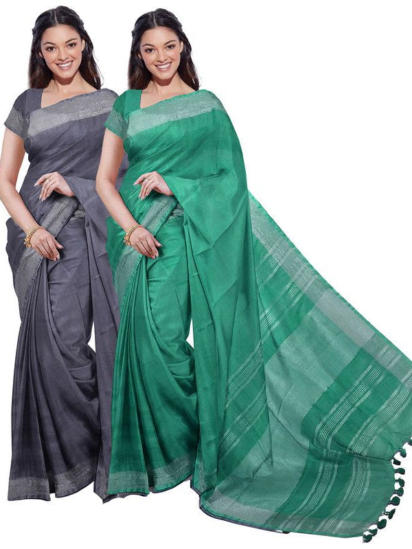 Bhagalpuri Handloom Cotton-Linen Blend Saree Combo (Pack Of 2) With Running Unstiched Blouse Piece