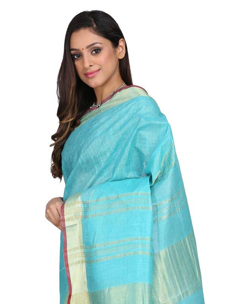 Linen Cotton Blend Contrast Handloom Bhagalpuri Saree for Women (Gold-Cyan-Red ) - View 3