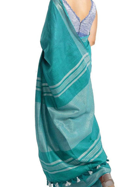 Persian Cyan women's Bhagalpuri Handloom Blend Linen-Cotton Saree With Running Unstiched Blouse Piece_Free Size_Variation Of Colors - View 3