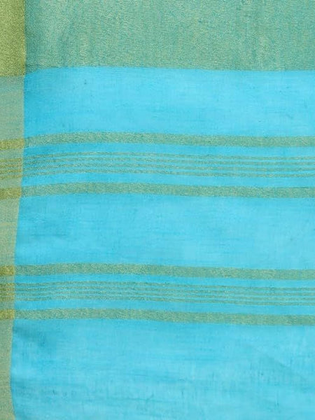 Linen Cotton Blend Contrast Handloom Bhagalpuri Saree for Women (Gold-Cyan-Dark_Green) - View 4