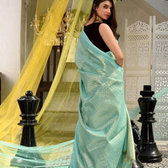Handloom Cotton Tissue Silk Designer Weaving Motif Saree (Aquamarine_Turquoise) - View 4