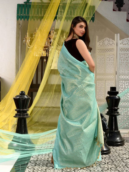 Handloom Cotton Tissue Silk Designer Weaving Motif Saree (Aquamarine_Turquoise) - View 4
