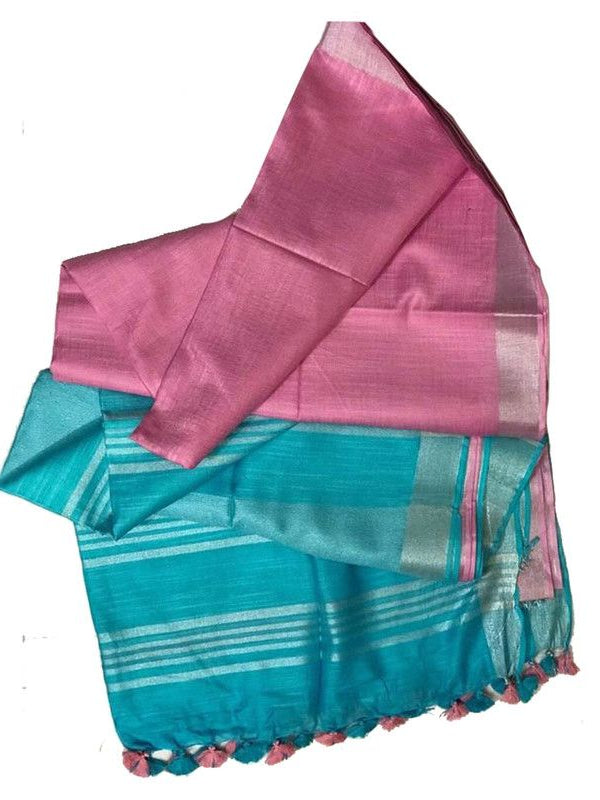 Bhagalpuri Ethnic Wear Handloom Cotton Linen Slub Blend Zari Border Two Dye Saree With Running Unstitched Blouse Piece - View 3