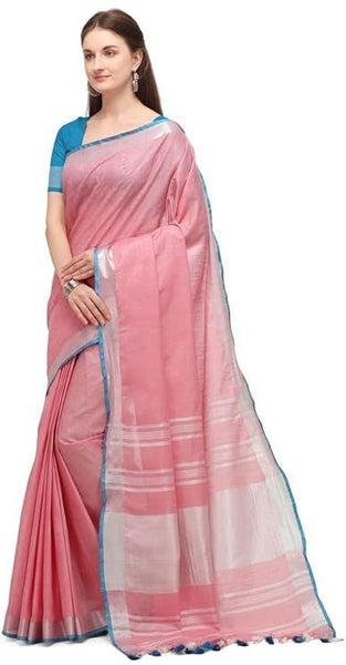 Handloom Linen Cotton Blend Contrast Bhagalpuri Saree for Women (Blush_Pink-Cyan) - View 2