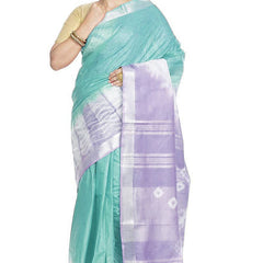 Tiffany Cyan & Pale Purple women's Bhagalpuri Handloom Cotton Linen Slub Blend Tie Two Dye (Sibory Two Dye) Saree With Running Unstitched Blouse Piece - View 2