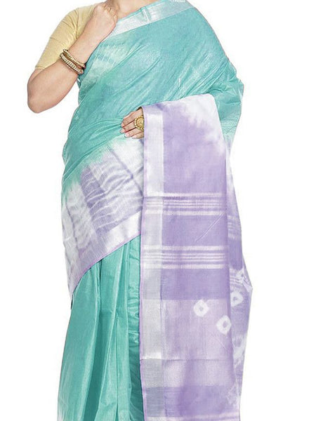 Tiffany Cyan & Pale Purple women's Bhagalpuri Handloom Cotton Linen Slub Blend Tie Two Dye (Sibory Two Dye) Saree With Running Unstitched Blouse Piece - View 2