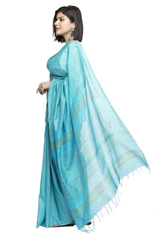 Kota Art Silk Handloom Striped Saree (Cyan) - View 3