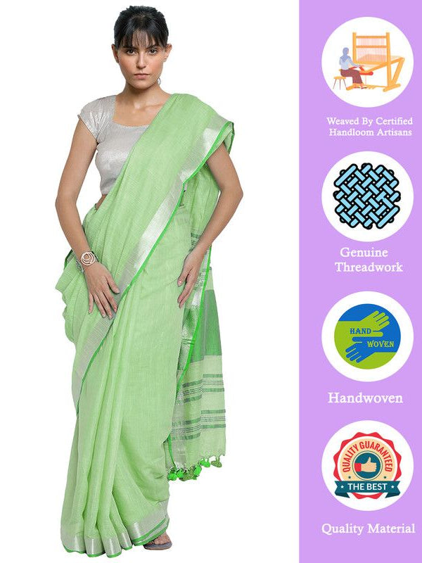 Light Green-Green women's Bhagalpuri Handloom Cotton Linen Blend Contrast Pallu Saree And Unstitched Contrast Blouse Piece - View 2