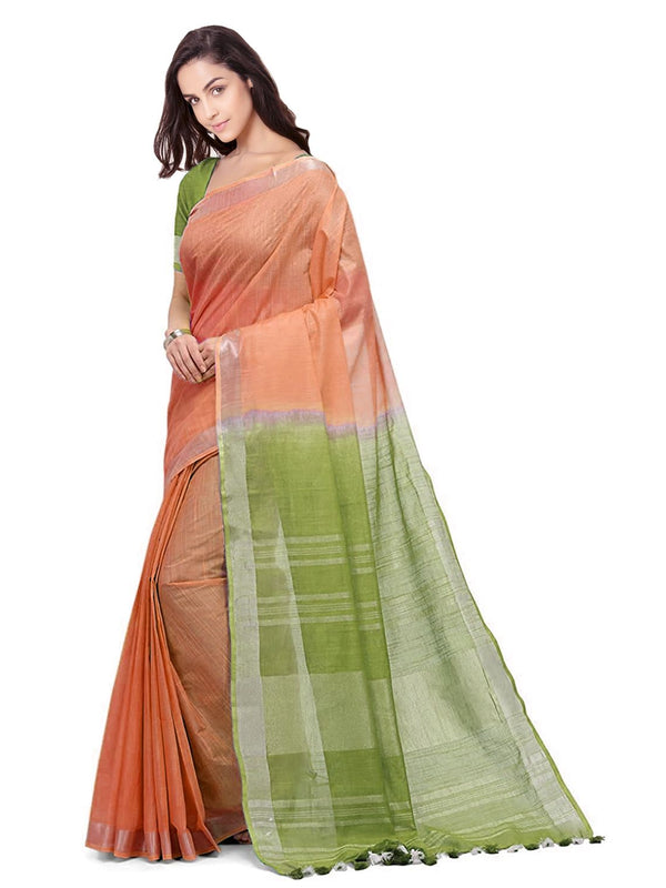 Mango Orange & Moss Green women's Handloom Bhagalpuri Linen Blend Two Dye Saree With Running Unstitched Blouse Piece - View 3