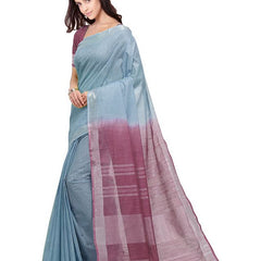 owder Blue & Quinacridone Magenta women's Bhagalpuri Handloom Linen Cotton Blend Two Dye Saree With Running Unstitched Blouse Piece - View 4