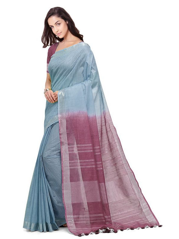 owder Blue & Quinacridone Magenta women's Bhagalpuri Handloom Linen Cotton Blend Two Dye Saree With Running Unstitched Blouse Piece - View 4