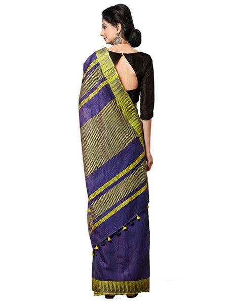 Navy Blue women's Bhagalpuri Handloom Kota Silk Temple Border Saree And Variation Of Colors With Striped Blouse Piece - View 3