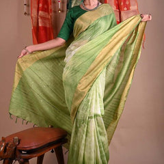 Green Sequins Bhagalpuri Handloom Silk Striped Sibory (Tie-Dye) Saree - View 2