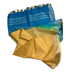 Mooonstone Cyan & Marigold Yellow women's Bhagalpuri Ethnic Wear Handloom Cotton Linen Blend Zari Border Two Dye Saree With Running Unstitched Blouse Piece - View 2