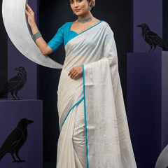 Bhagalpuri Handloom Linen Cotton Blend Saree WIth Cotrast Blouse Piece - View 3