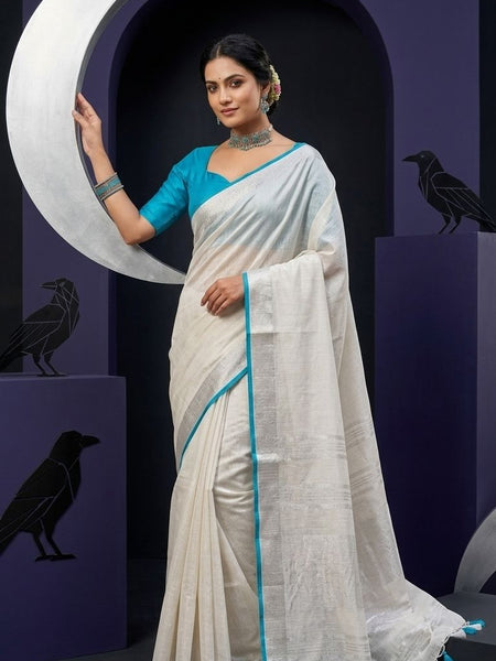 Bhagalpuri Handloom Linen Cotton Blend Saree WIth Cotrast Blouse Piece - View 3