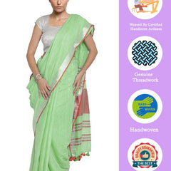 Light Green-Red women's Bhagalpuri Handloom Cotton Linen Blend Contrast Pallu Saree And Unstitched Contrast Blouse Piece - View 2