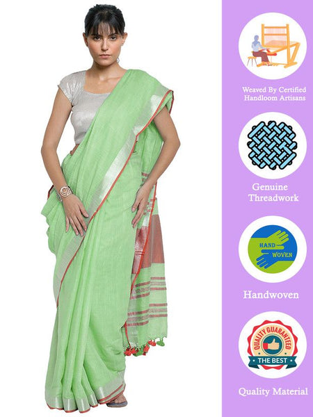 Light Green-Red women's Bhagalpuri Handloom Cotton Linen Blend Contrast Pallu Saree And Unstitched Contrast Blouse Piece - View 2