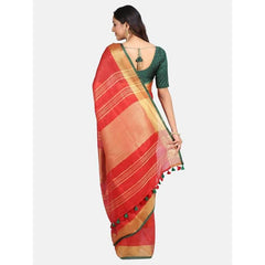 Linen Cotton Blend Contrast Handloom Bhagalpuri Saree (Gold-Red-Dark_Green ) - View 3